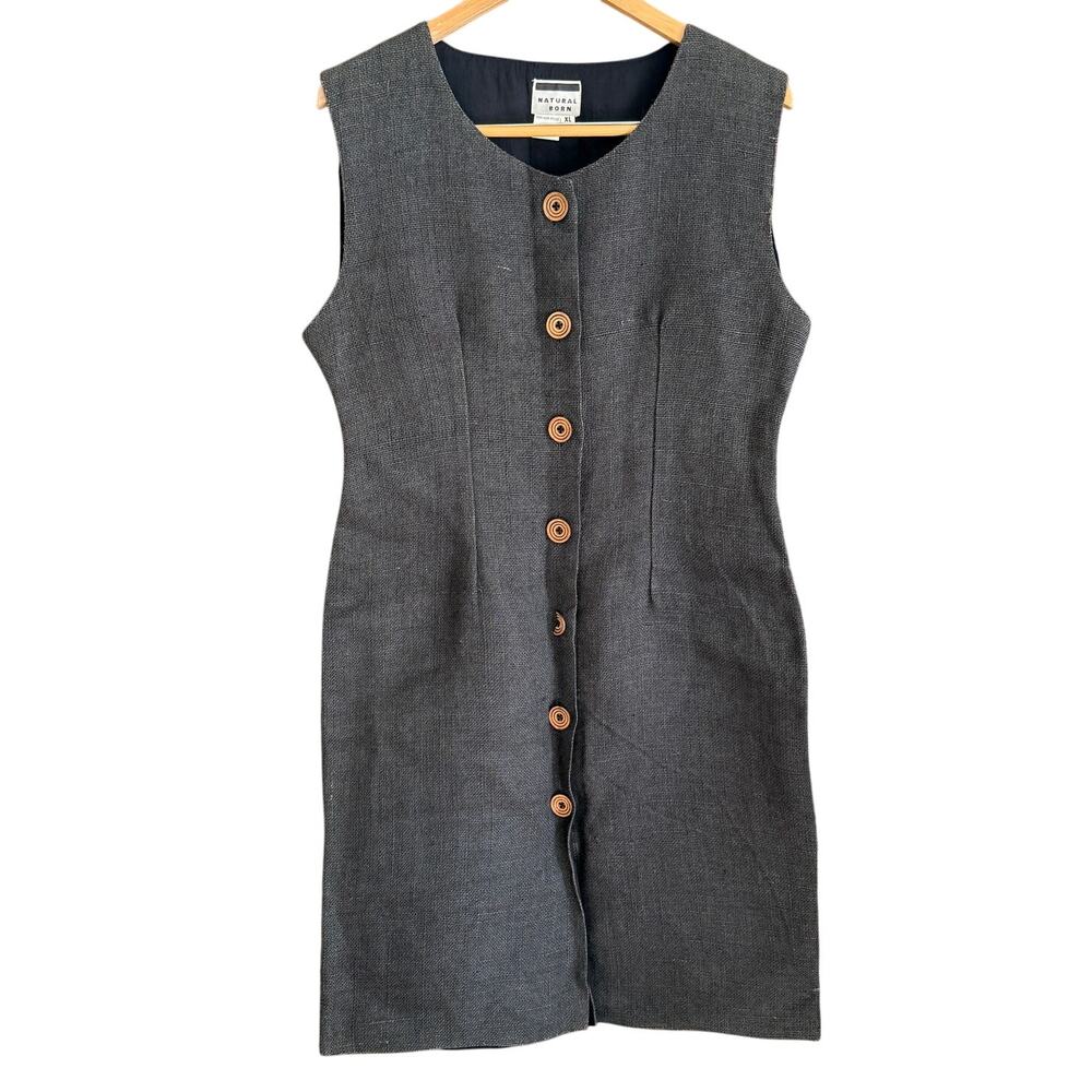 90s Vintage NATURAL BORN | Black Jute Button front Sheath Dress | Extra Large